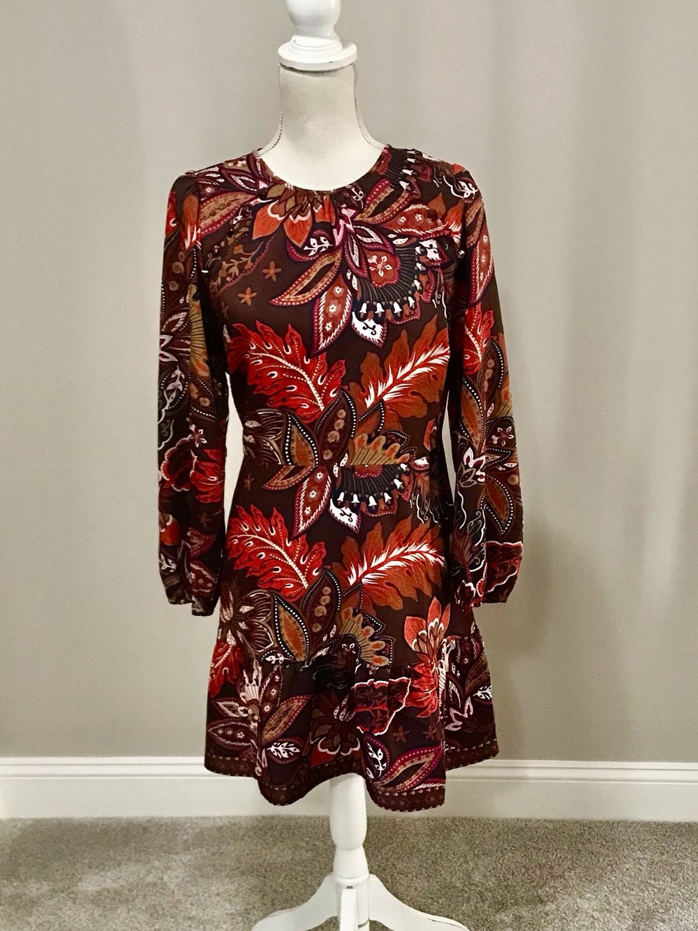LOFT Rust Floral Long-Sleeve Ruffle-Hem Dress